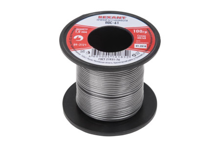 Припой без канифоли ПОС-61, 100г, Ø1мм, (олово 61%, свинец 39%), катушка REXANT