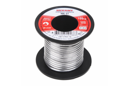 Припой без канифоли ПОС-61, 100г, Ø2мм, (олово 61%, свинец 39%), катушка REXANT