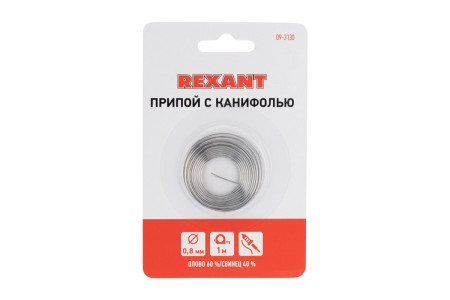 Припой с канифолью, 1м, Ø0,8мм, (олово 60%, свинец 40%), спираль, блистер REXANT