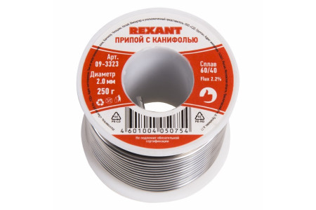 Припой с канифолью, 250г, Ø2мм, (олово 60%, свинец 40%), катушка REXANT